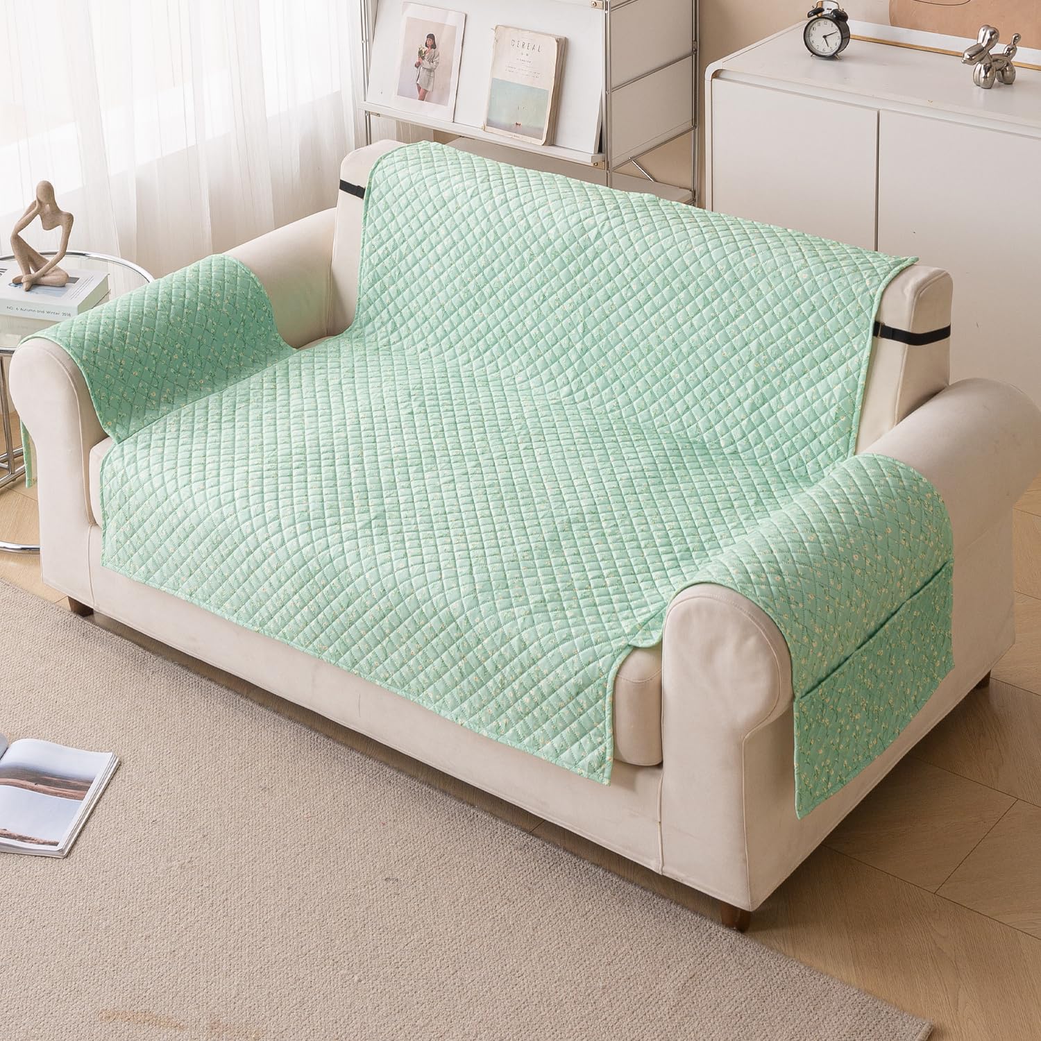 Quilted Printed Sofa Cover for Indian Sofa Set – Washable (Green Autumn)