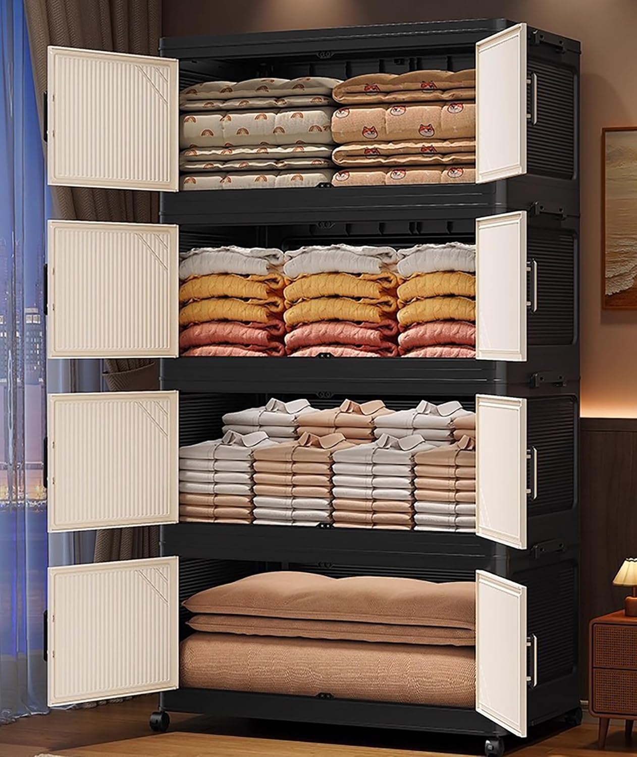 Multi-Tier Foldable Storage Box with Wheels (Black/Beige)