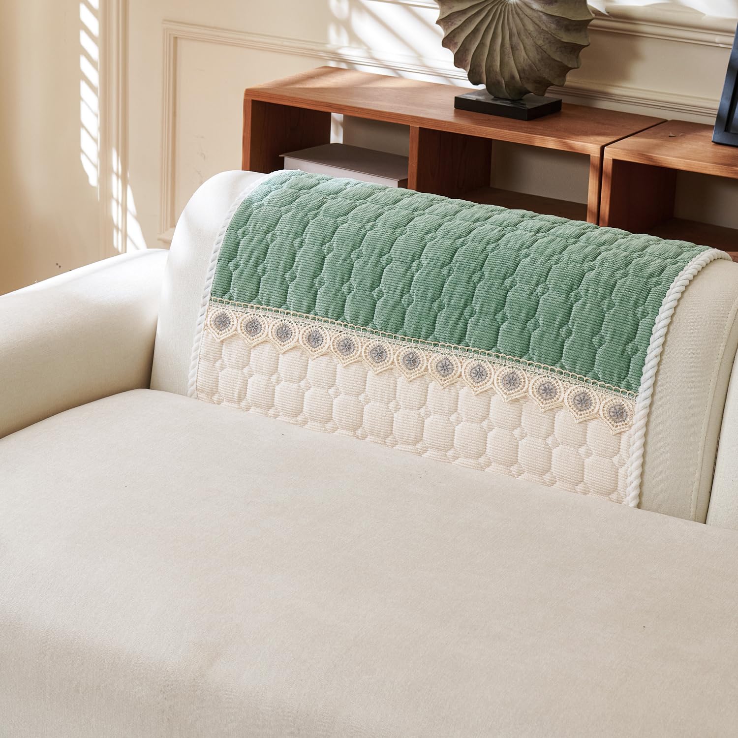 Waffle Quilt Corduroy Chenille Sofa Cover – Quilted, Non-Slip, Washable & Durable Protector (Green)