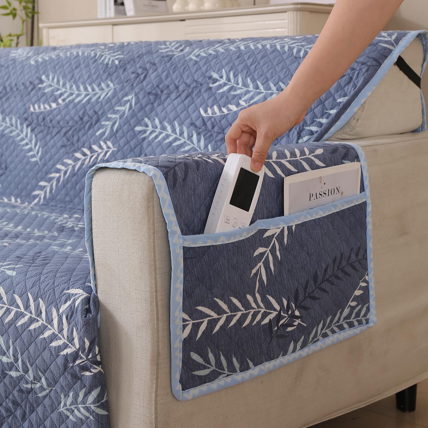 Polyester Sofa Cover Mat Reversible Couch Protector-Blue Fern