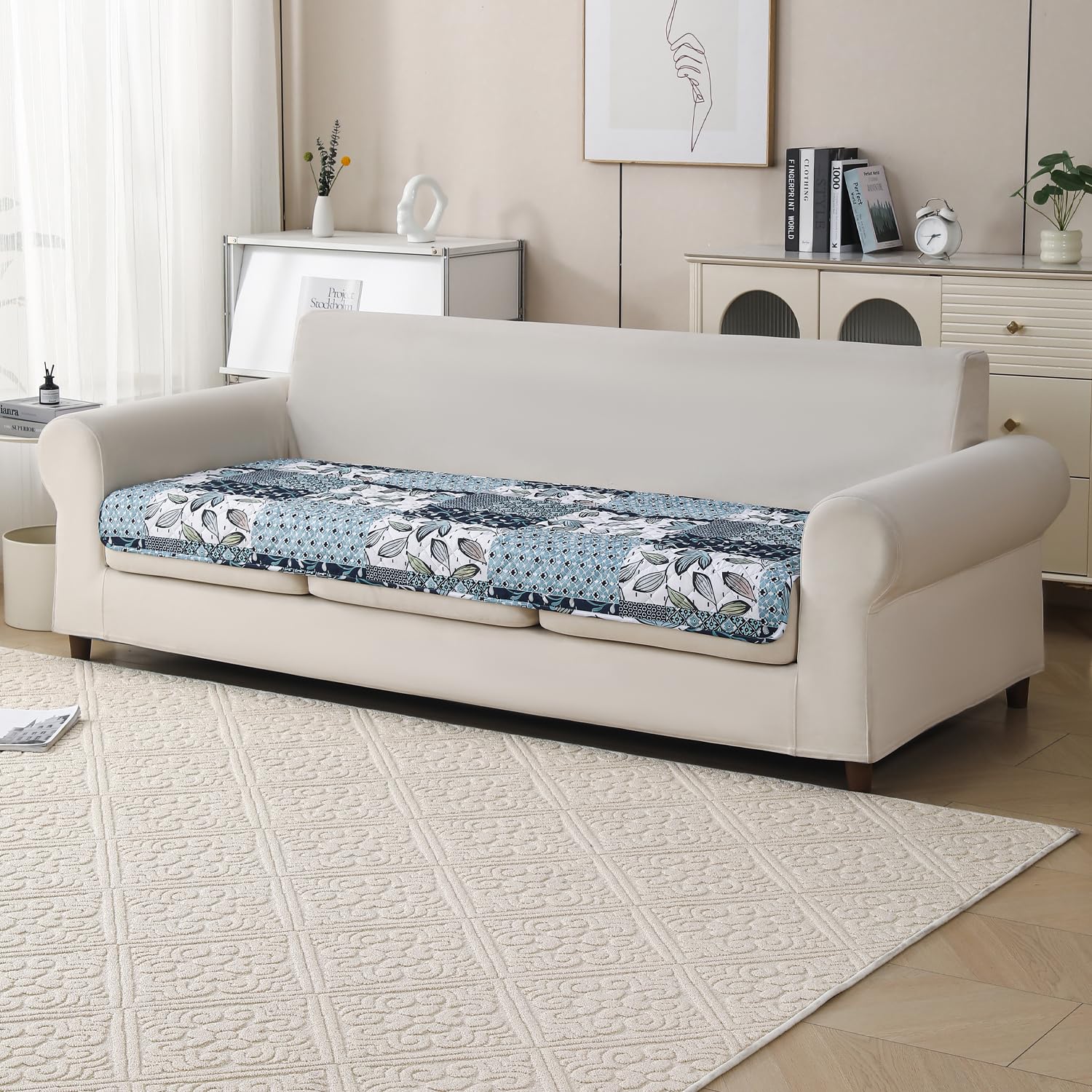 'Aura Petal Series' Quilted Sofa Mat Printed – Anti Slip (Paisley Blue)