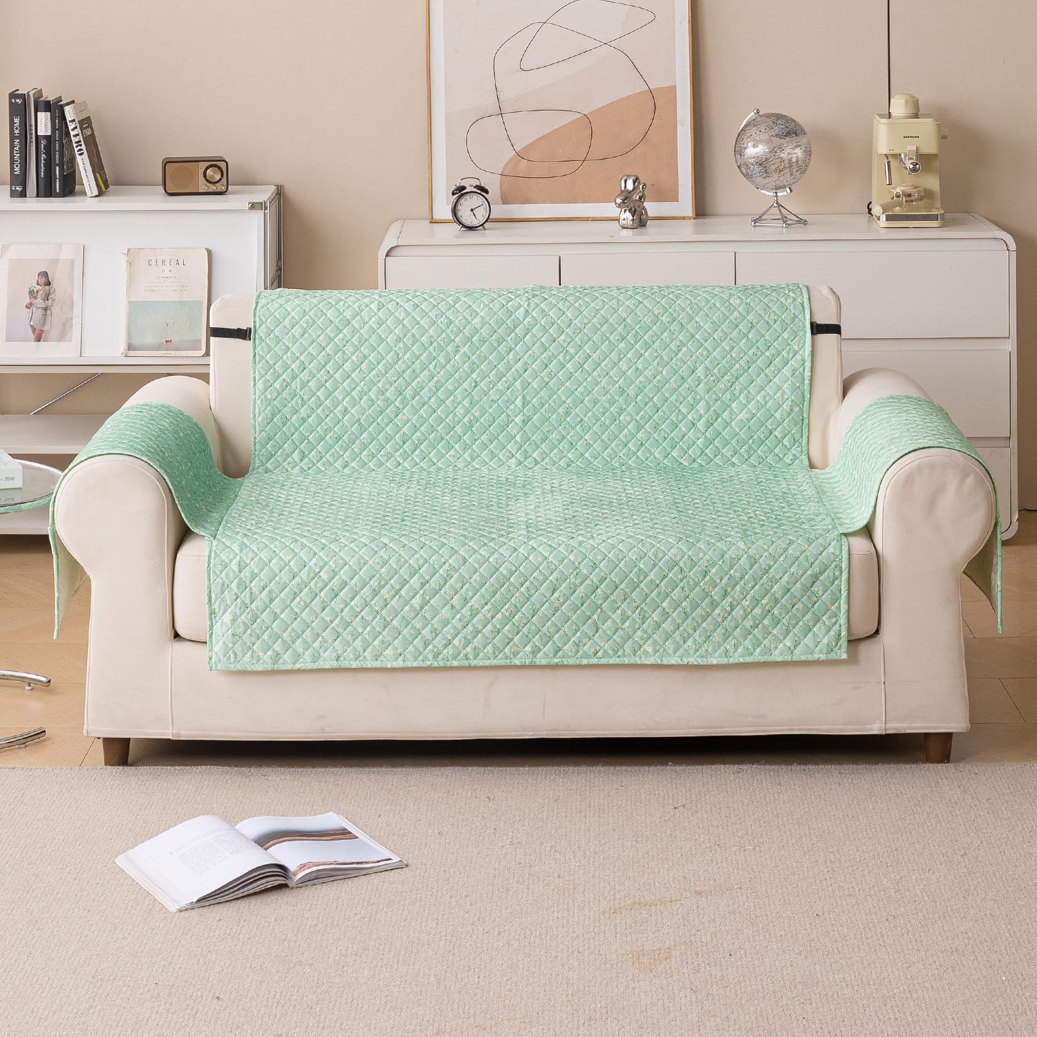 Quilted Printed Sofa Cover for Indian Sofa Set – Washable (Green Autumn)
