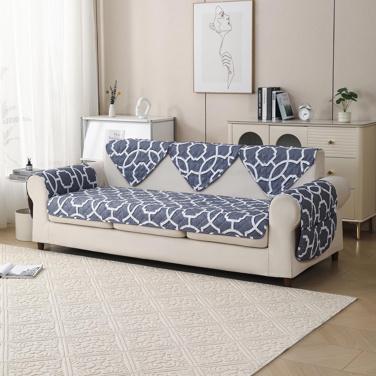 'Aura Petal Series' Quilted Sofa Mat Printed – Anti Slip (Octa Grey)