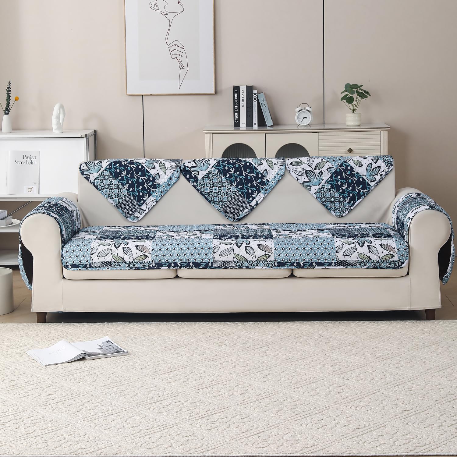 'Aura Petal Series' Quilted Sofa Mat Printed – Anti Slip (Paisley Blue)