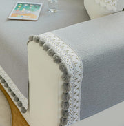 Chenille Fabric with Ball Tassels Sofa Cover Set – 3 Pcs Set (2pc Armrest Covers 50x70cm + 1pc Seat Cover) Light Grey