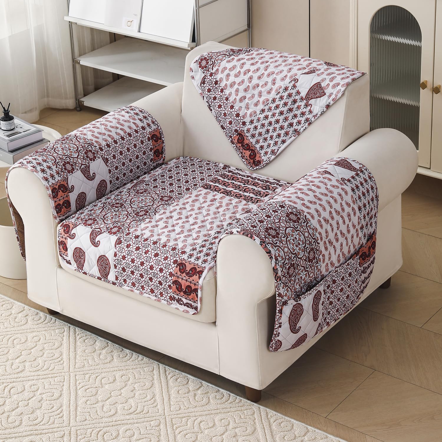 'Aura Petal Series' Quilted Sofa Mat Printed – Anti Slip (Boho Brown)
