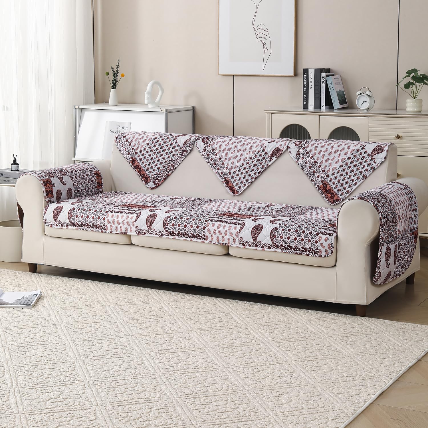 'Aura Petal Series' Quilted Sofa Mat Printed – Anti Slip (Boho Brown)