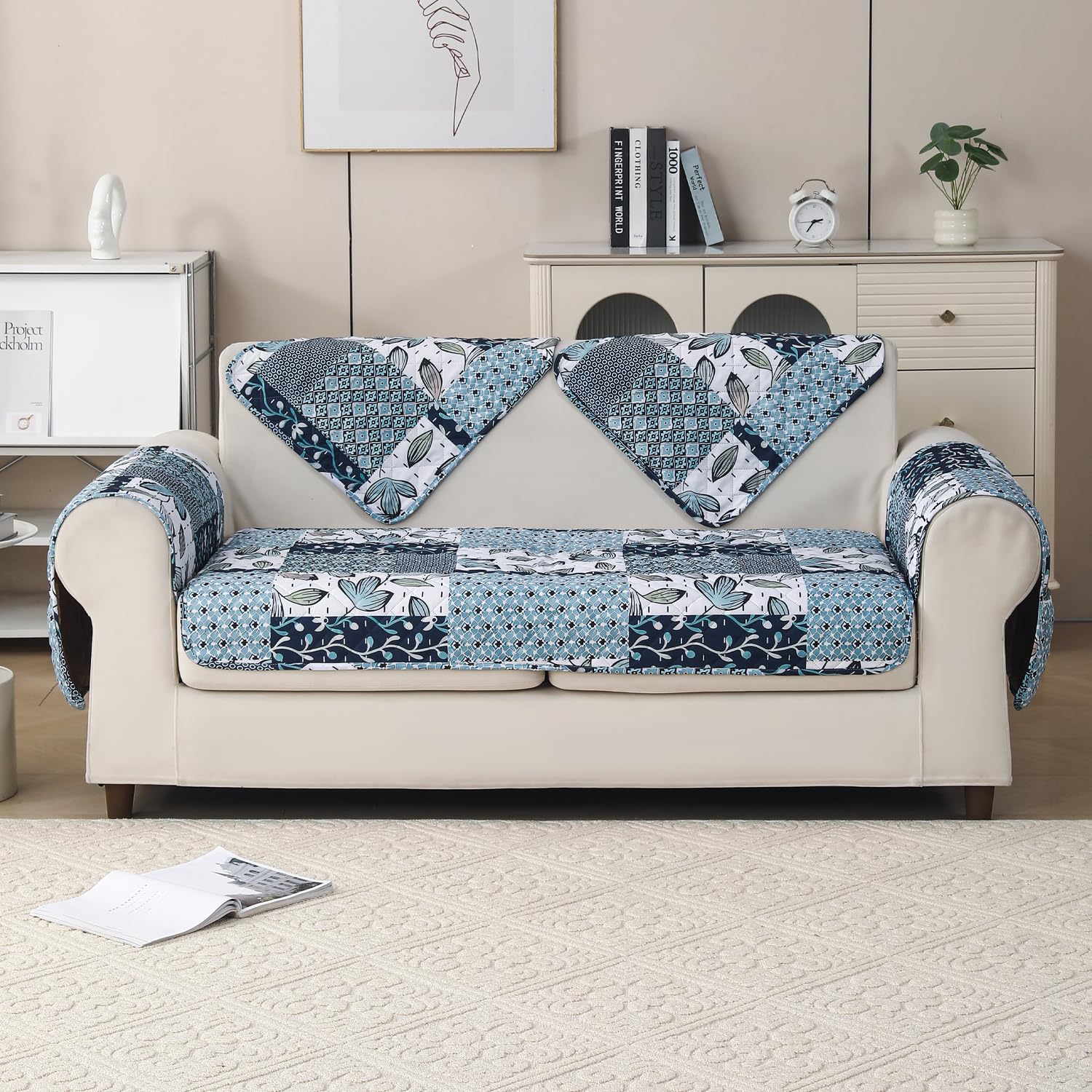 'Aura Petal Series' Quilted Sofa Mat Printed – Anti Slip (Paisley Blue)