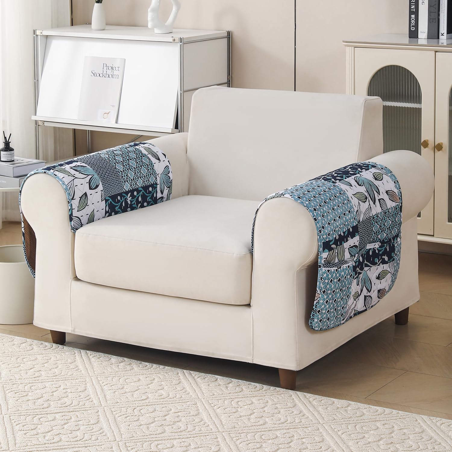 'Aura Petal Series' Quilted Sofa Mat Printed – Anti Slip (Paisley Blue)