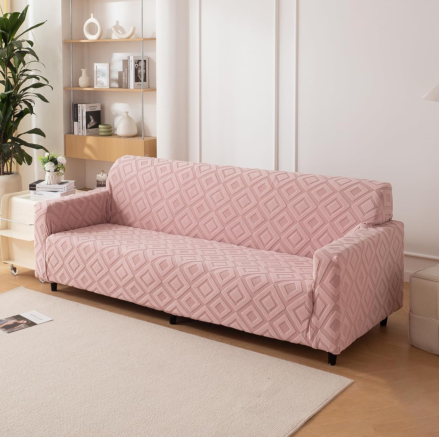 Jacquard Fabric Diamond Texture Sofa Cover 220 GSM (Pink)
