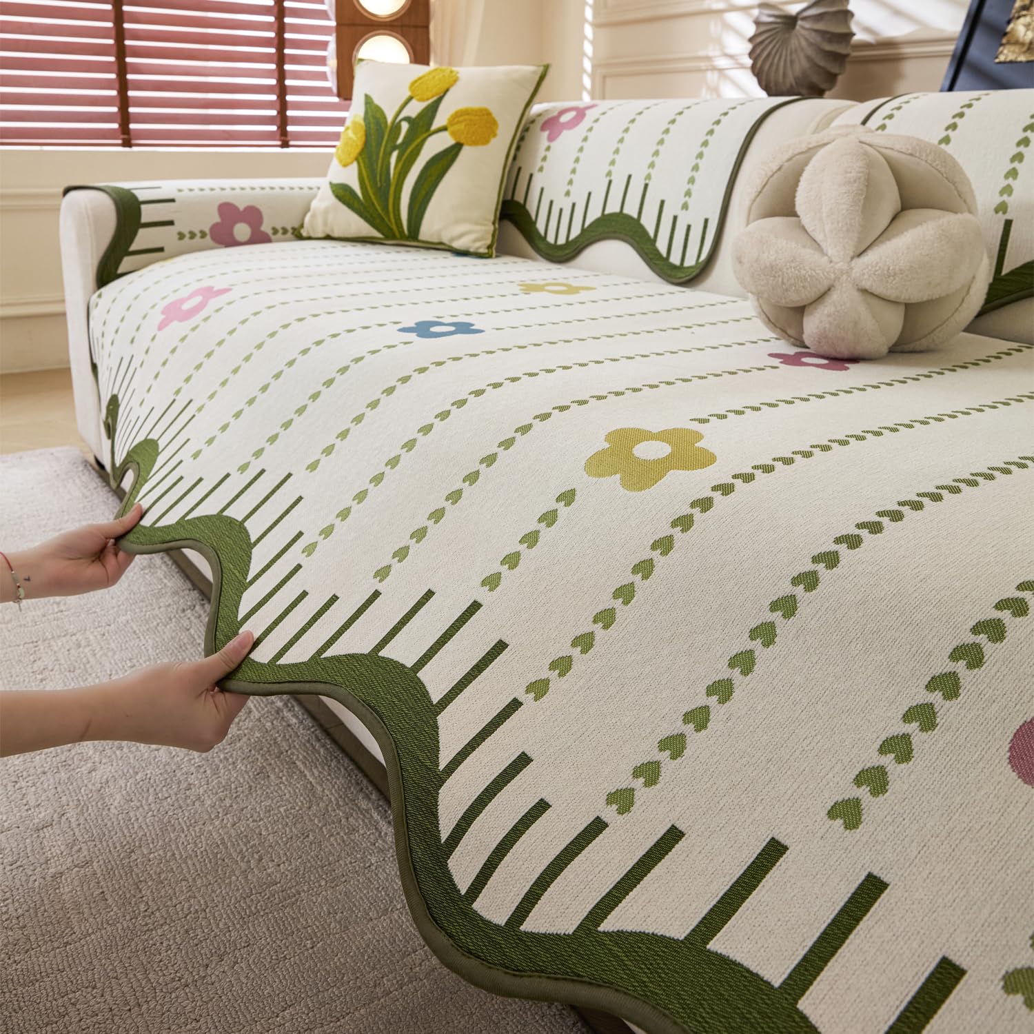 Loom Stripe Series Chenille Couch Cover Curved Edge Quilted Sofa Slipcover (Beige)