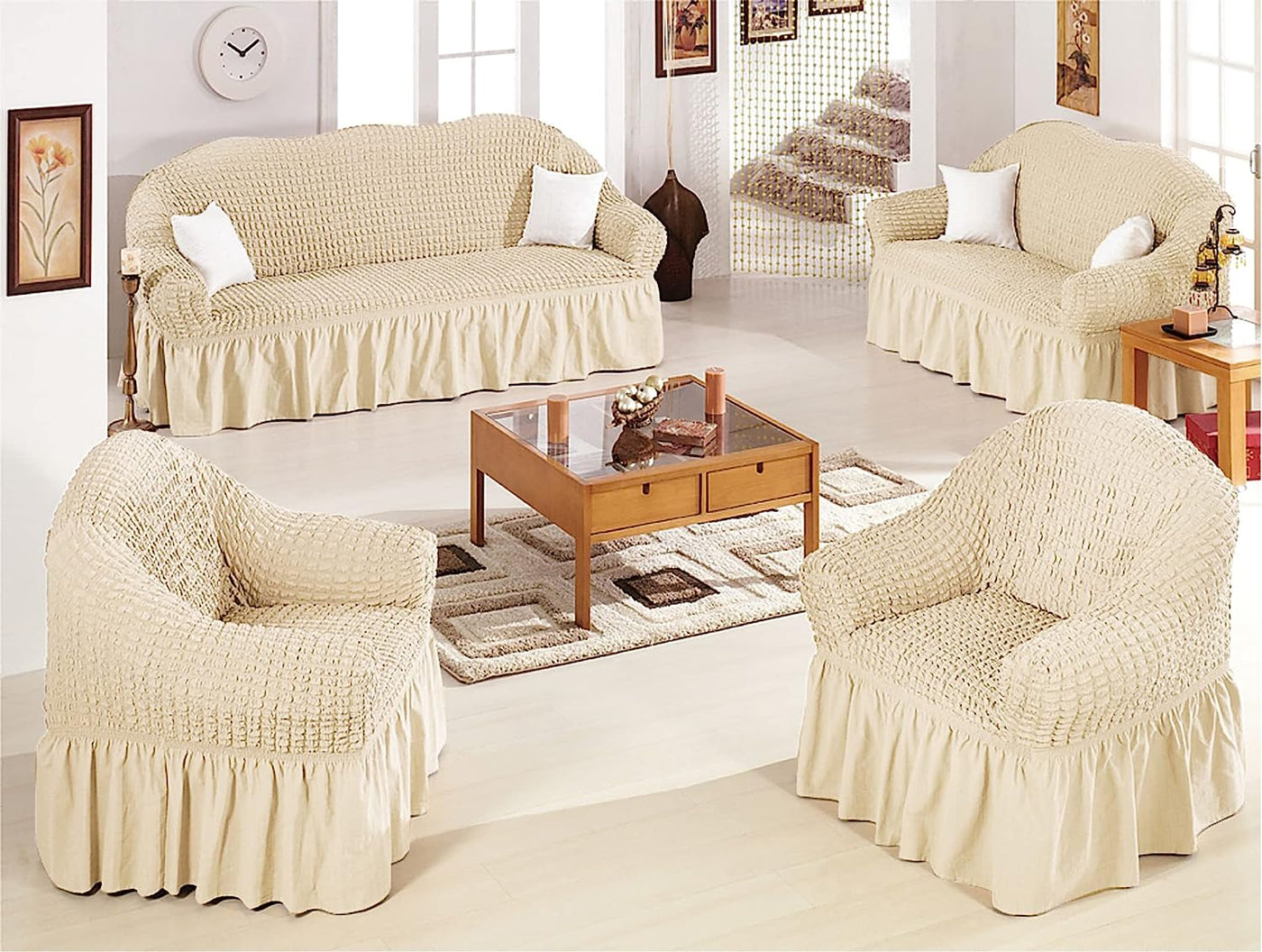 Bubble Frill Couch Cover-Beige