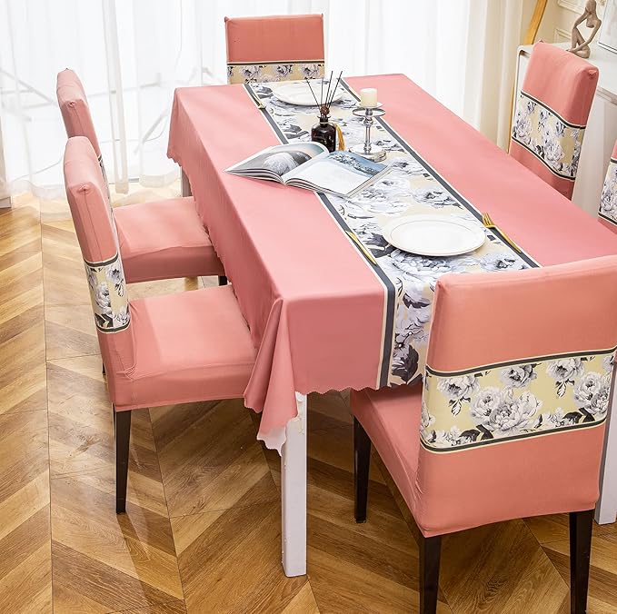 Dining Table Cover Waterproof (Peach Florals, 1 Table Cover + 6 Chair Cover)
