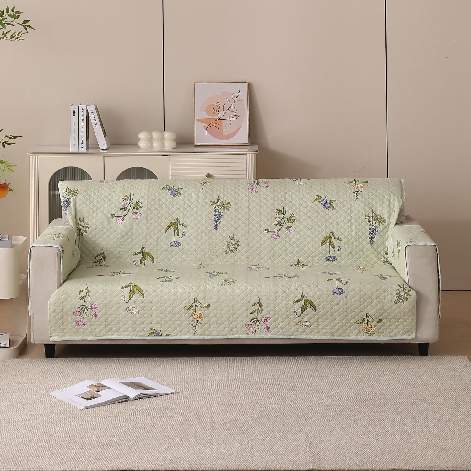 Polyester Sofa Cover Mat Reversible Couch Protector- Green Floral