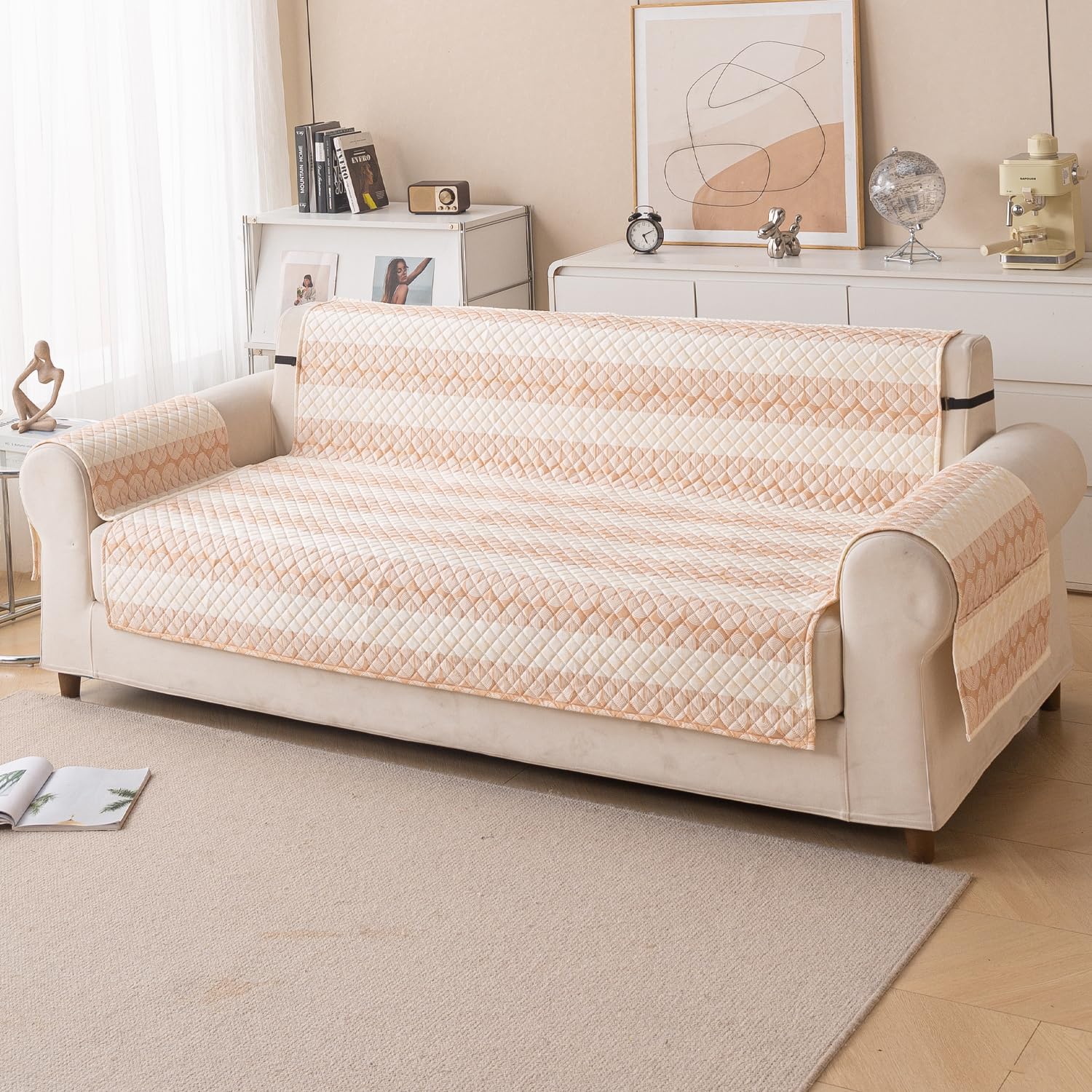 Quilted Printed Sofa Cover for Indian Sofa Set – Washable, Durable & Soft (Beige Loop)