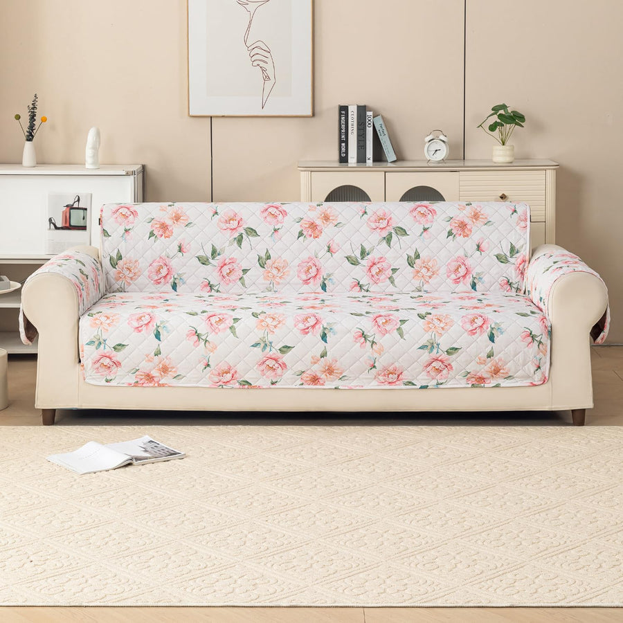 Gulnaar Series Anti-Slip Sofa Cover Mat with Pocket – Polyester Couch Protector(Rose Bloom)