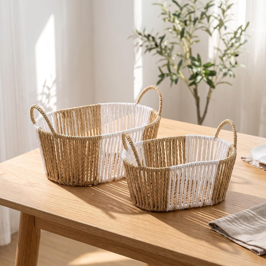 Oval Woven Paper Rope Storage Baskets Set of 2 - Beige
