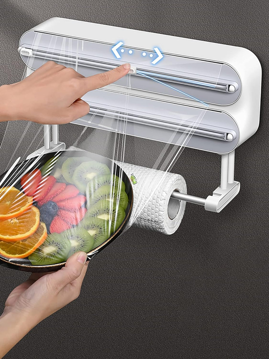 3-in-1 Magnetic Wrap Dispenser & Cutter – Aluminum Foil, Plastic Wrap & Paper Towel Organizer