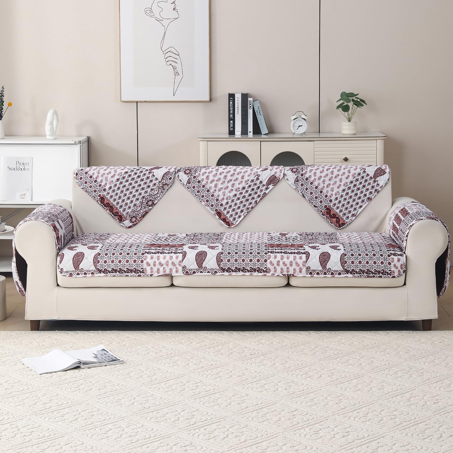 'Aura Petal Series' Quilted Sofa Mat Printed – Anti Slip (Boho Brown)