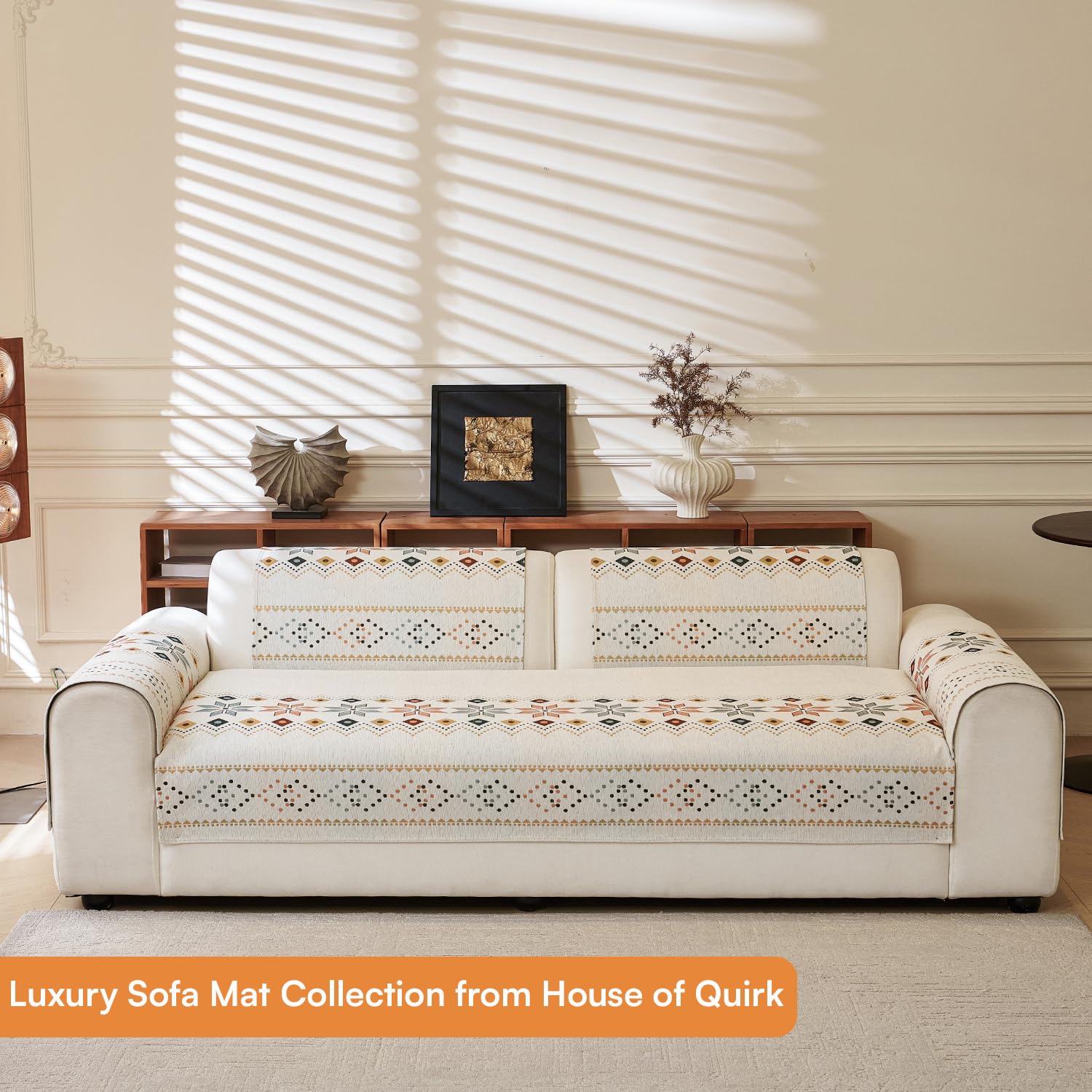 Rangoli Series Chenille Bohemia Couch Cover Quilted Non-Slip Washable Sofa Slipcover, Soft Furniture Protector (Cream)