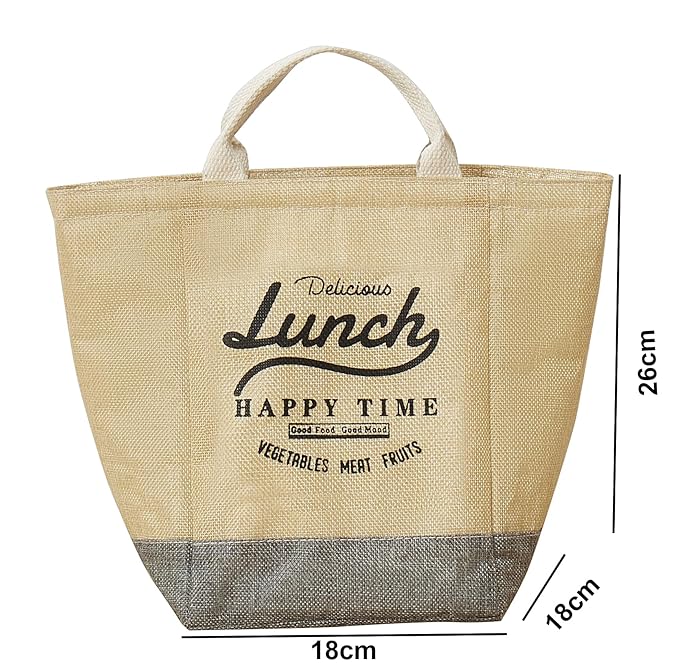 Insulated Reusable Cotton Jute Lunch Bag Tote Bag (Beige Happytime)