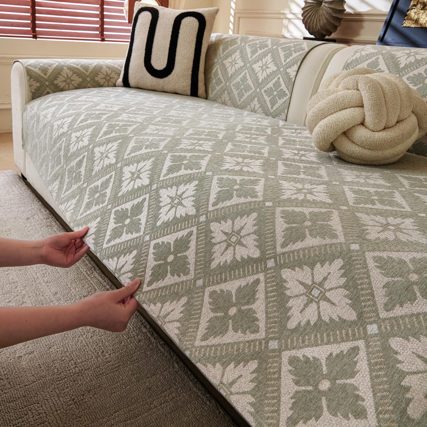 Lumen Series Chenille Jacquard Couch Cover – Quilted Non-Slip Washable Sofa (Green)