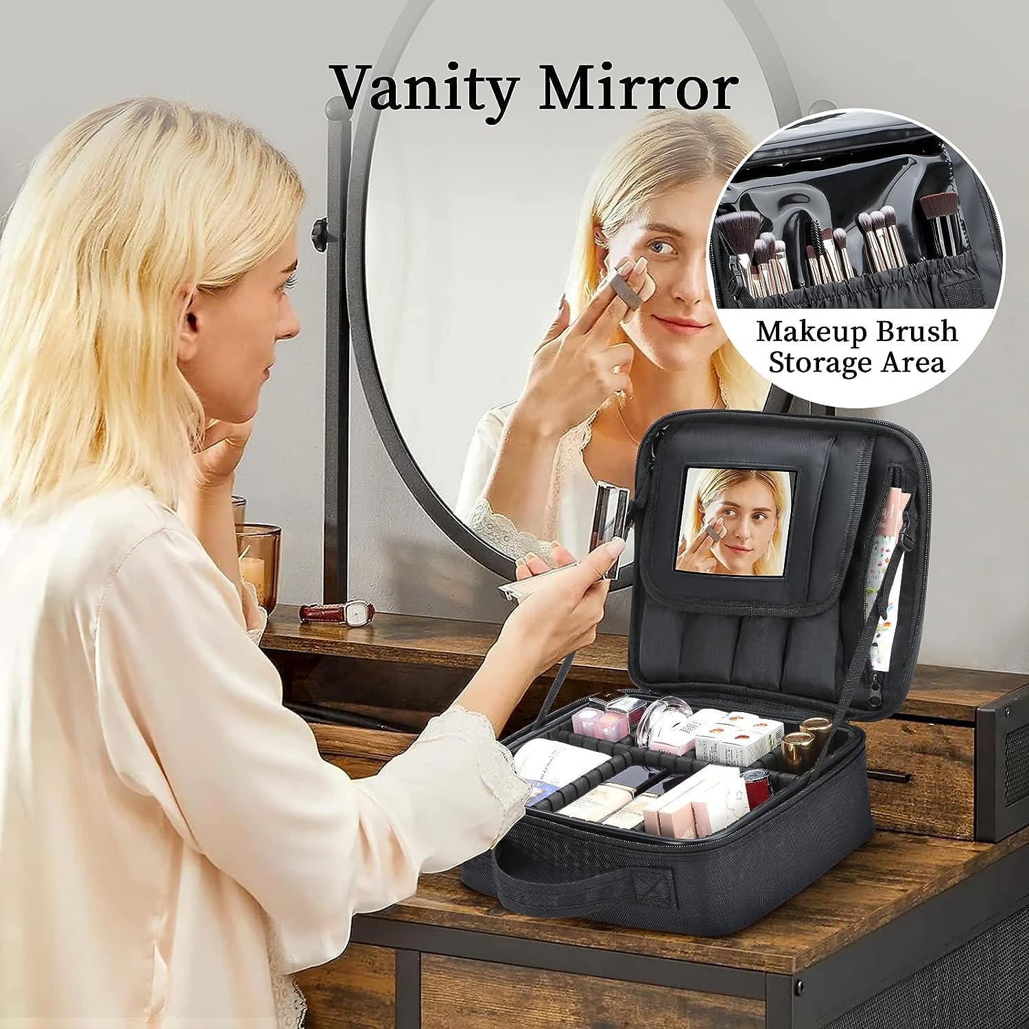 Makeup Bag with Mirror, Cosmetics Organizer Bag (Light Pink)