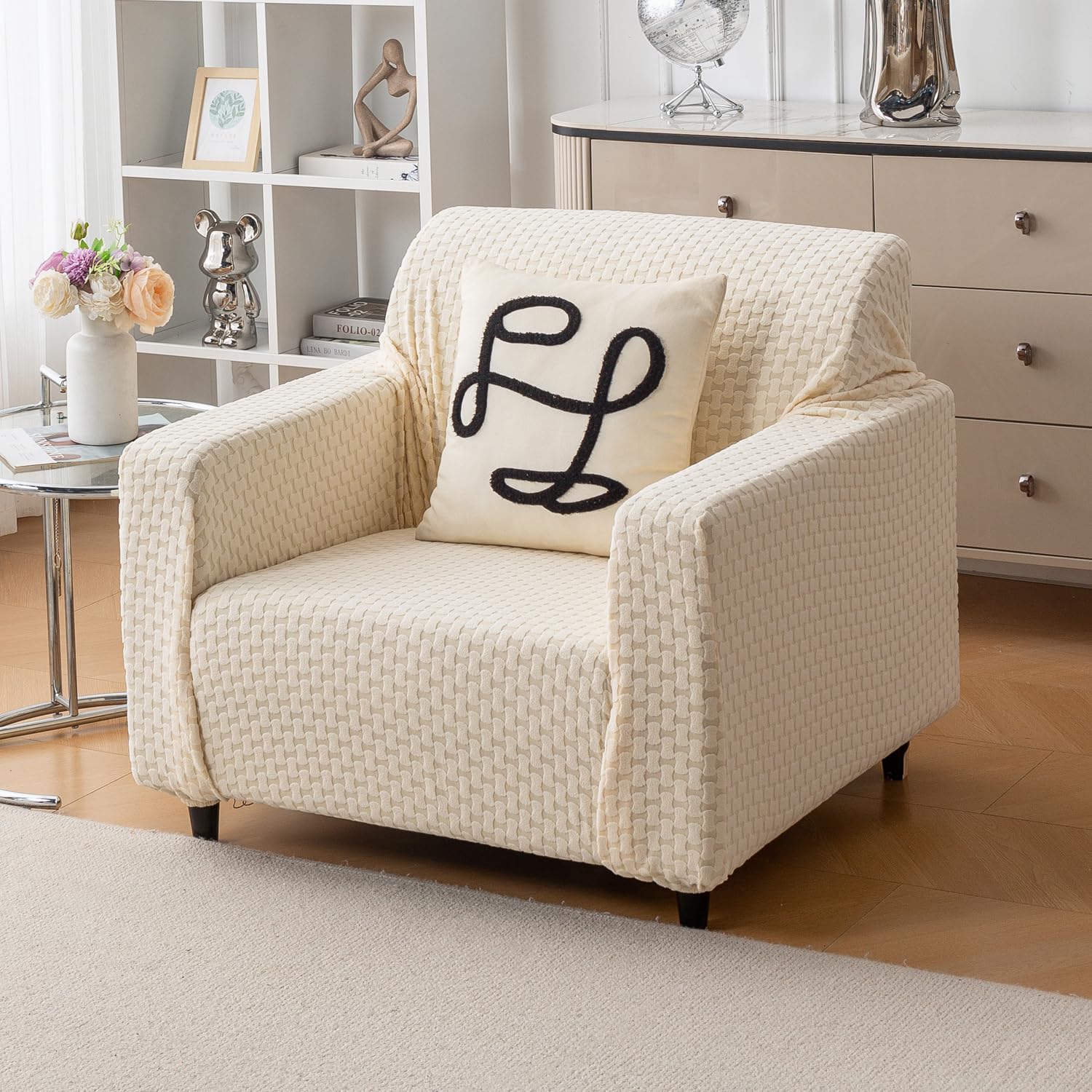 Elegant Jacquard Fabric 220 GSM Sofa Cover – Ultra Soft Stretchable (Beige)