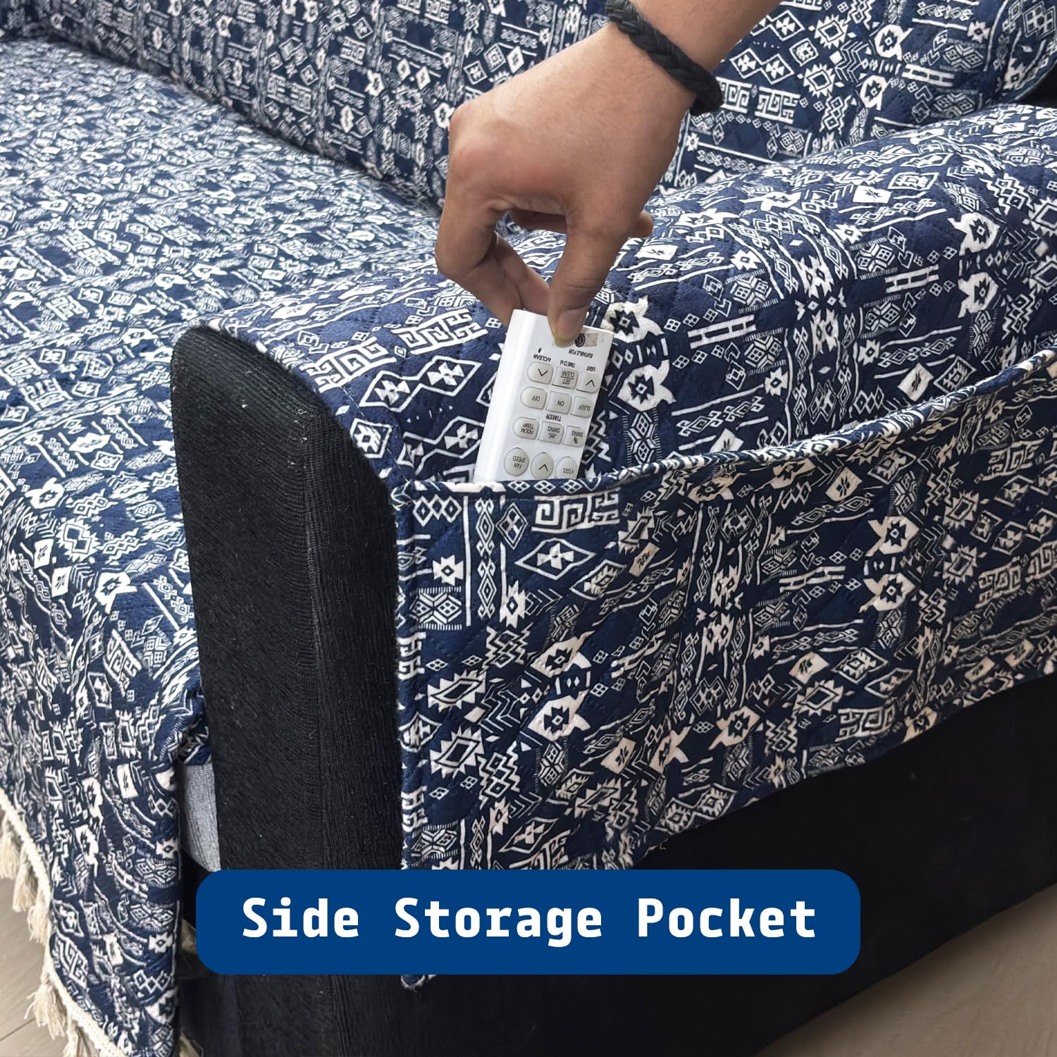 IKATRA Series Quilted Printed Sofa Cover for Indian Sofa Set with Side Pocket (Blue Bohemian)