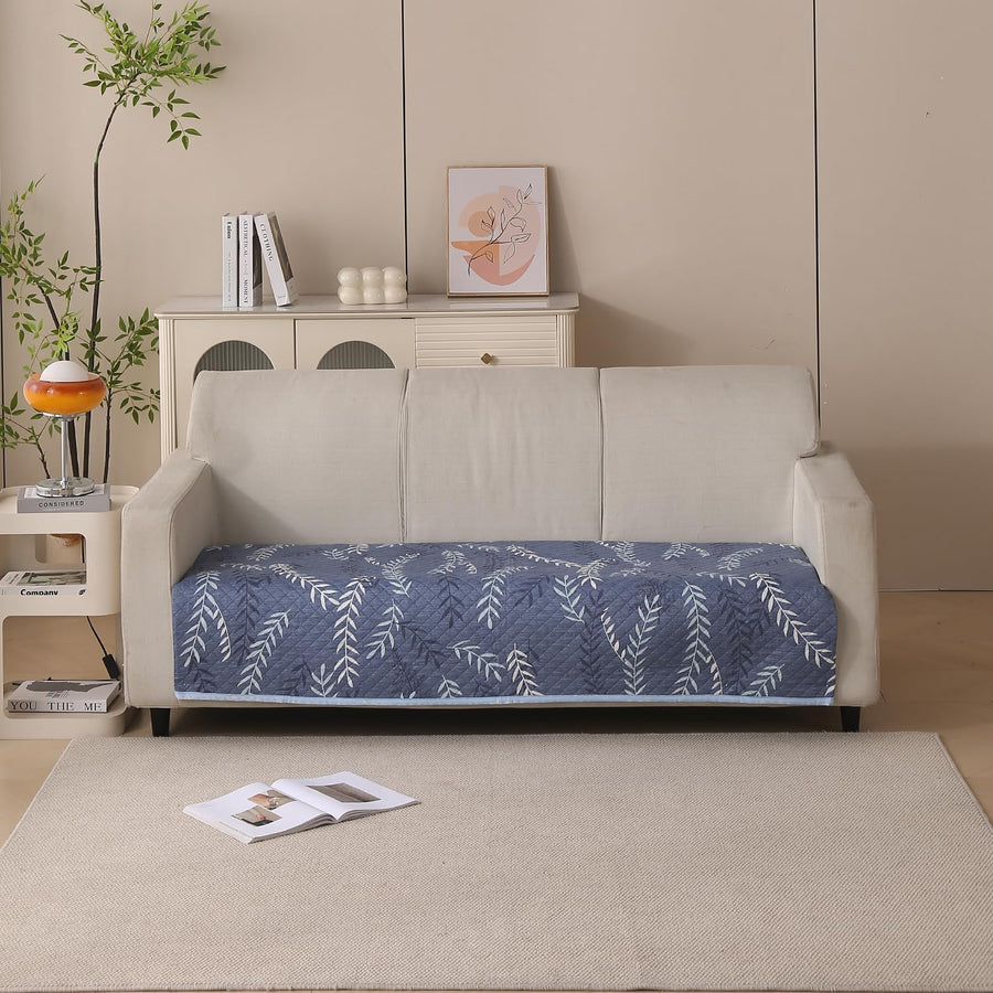 Reversible Printed Quilted Sofa Cover Mats for 1/2/3/4 Seater Sofa Cover- Blue Fern