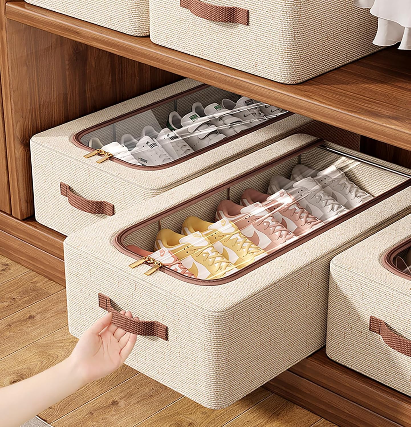 Cotton Linen Foldable Under Bed Storage Box with Transparent Lid-Beige