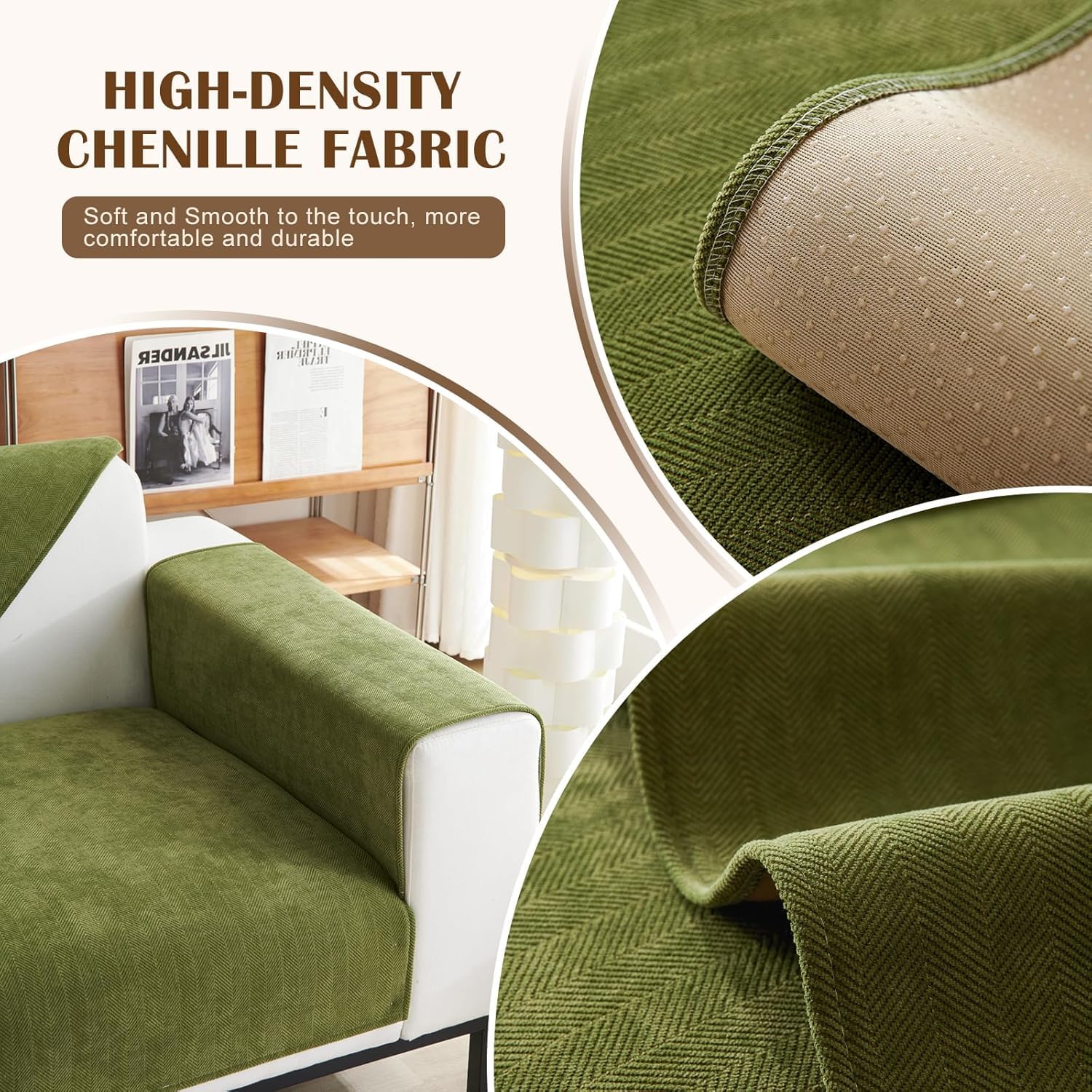 Herringbone Chenille Sofa Cover Set – 3 Pcs (2pc Armrest Covers 50x70cm + 1pc Seat Cover) Green)