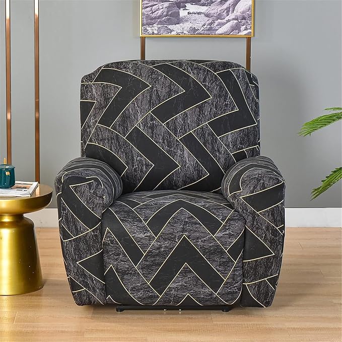 Recliner Slipcover 4 Pieces Chair Covers with Side Pocket Black Trellis
