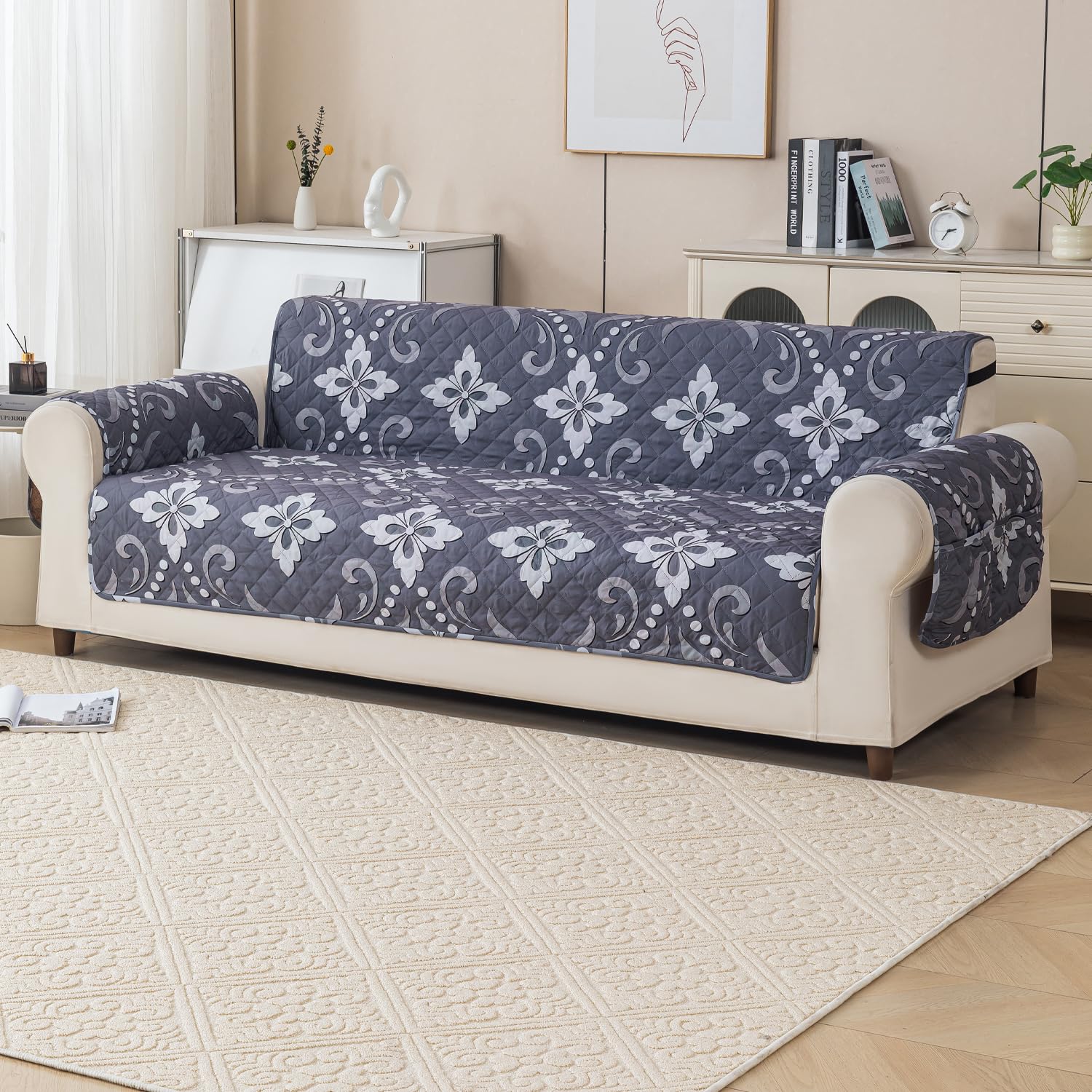 Gulnaar Series Anti-Slip Sofa Cover Mat with Pocket – Polyester Couch Protector(Silver Moss)