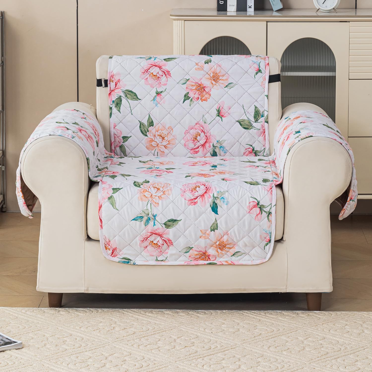 Gulnaar Series Anti-Slip Sofa Cover Mat with Pocket – Polyester Couch Protector(Rose Bloom)