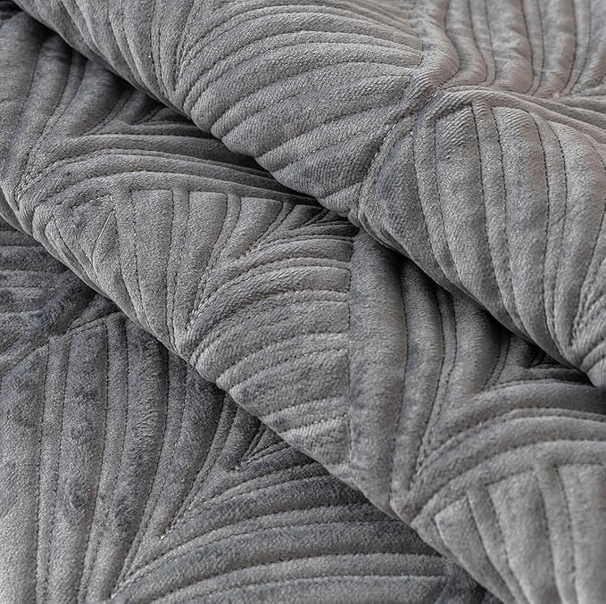 Velvet Plush Sofa Cover Palm Leaves Quilted Sofa Cover 1/2/3/4 Seater Mat (Grey)