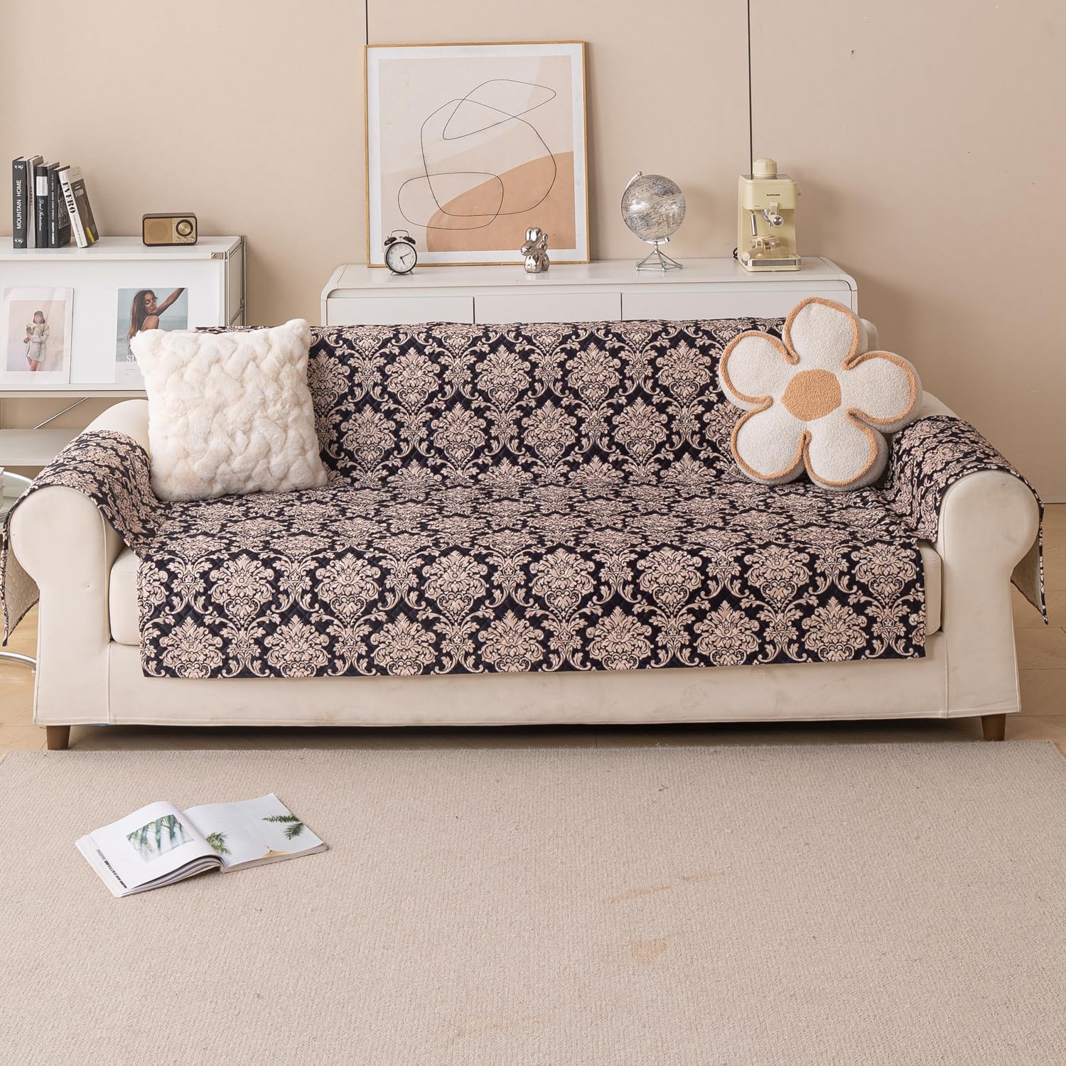 Quilted Printed Sofa Cover for Indian Sofa Set – Washable (Black Motif)
