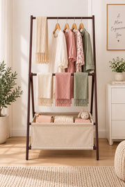 Bamboo Foldable 3-Bar Clothes Rack with Storage Bag - Brown