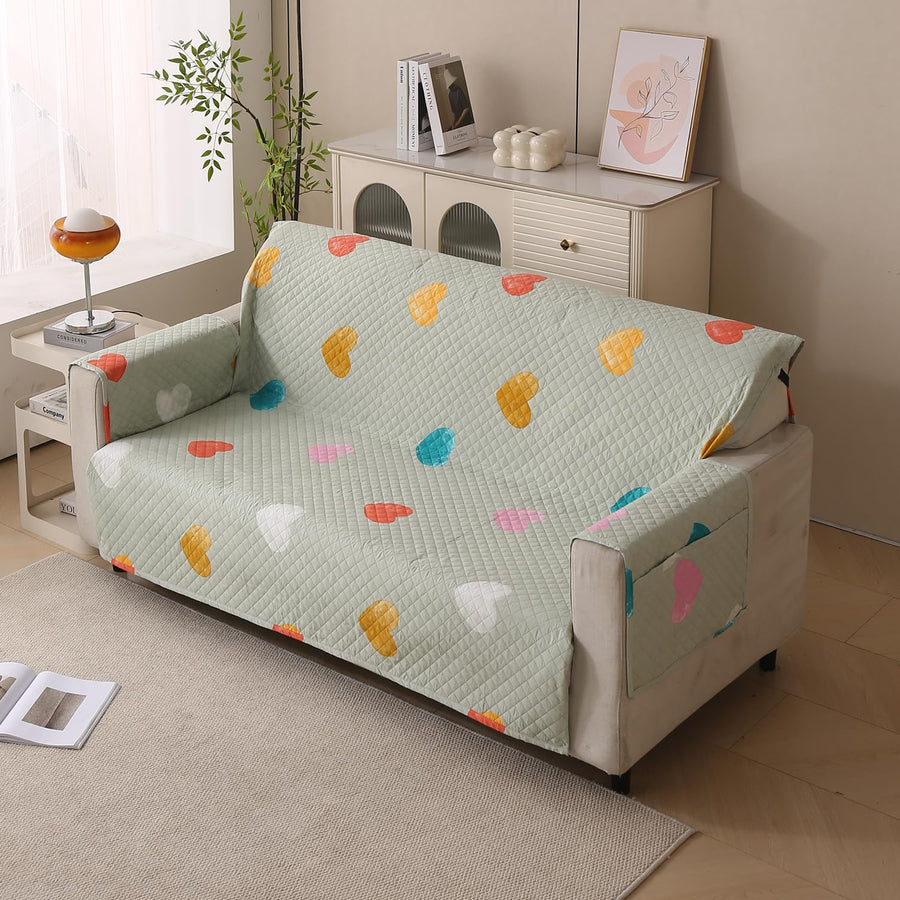 Polyester Sofa Cover Mat Reversible Couch Protector-Minty Hearts