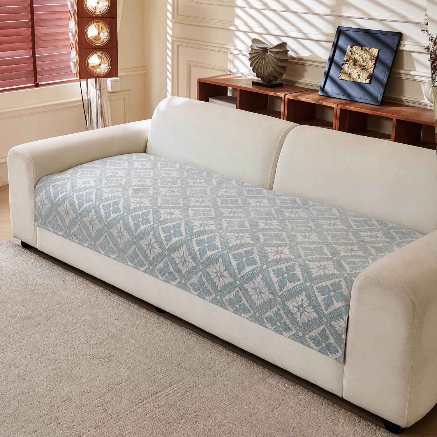 Lumen Series Chenille Jacquard Couch Cover – Quilted Non-Slip Washable Sofa (Blue)