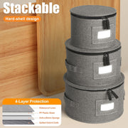 4-Piece Hard Shell Dish Storage Containers with Felt Dividers 12 Place Settings (Grey)
