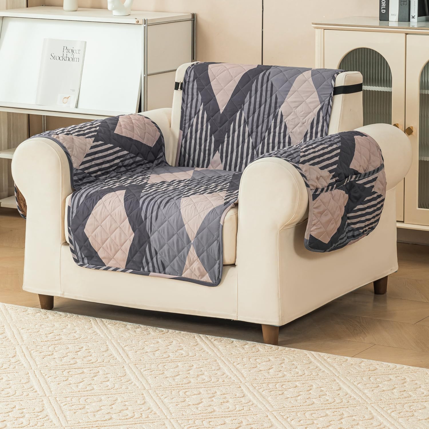 Gulnaar Series Anti-Slip Sofa Cover Mat with Pocket – Polyester Couch Protector(Sandstone)