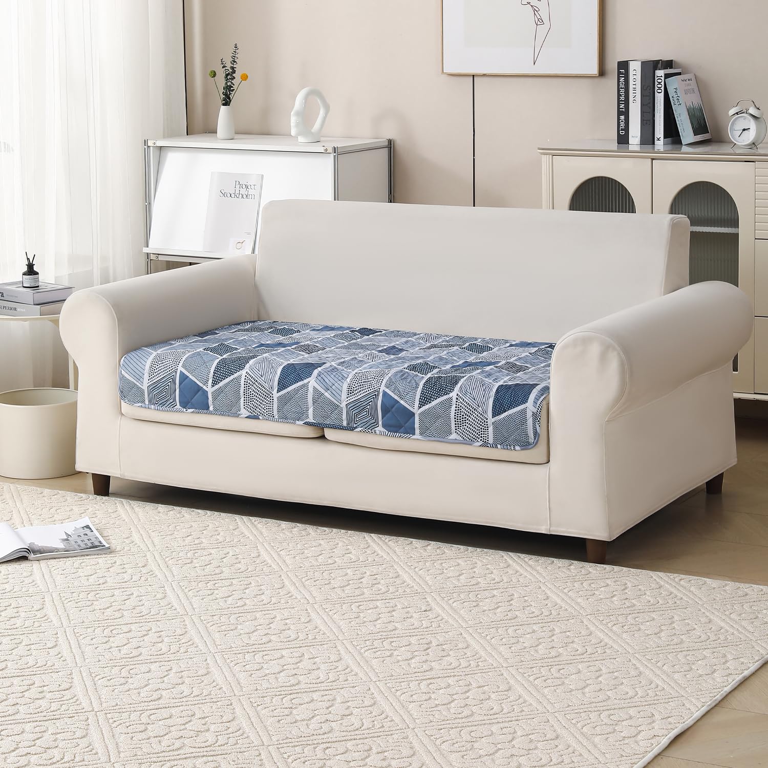 'Aura Petal Series' Quilted Sofa Mat Printed – Anti Slip (Hexa Blue)