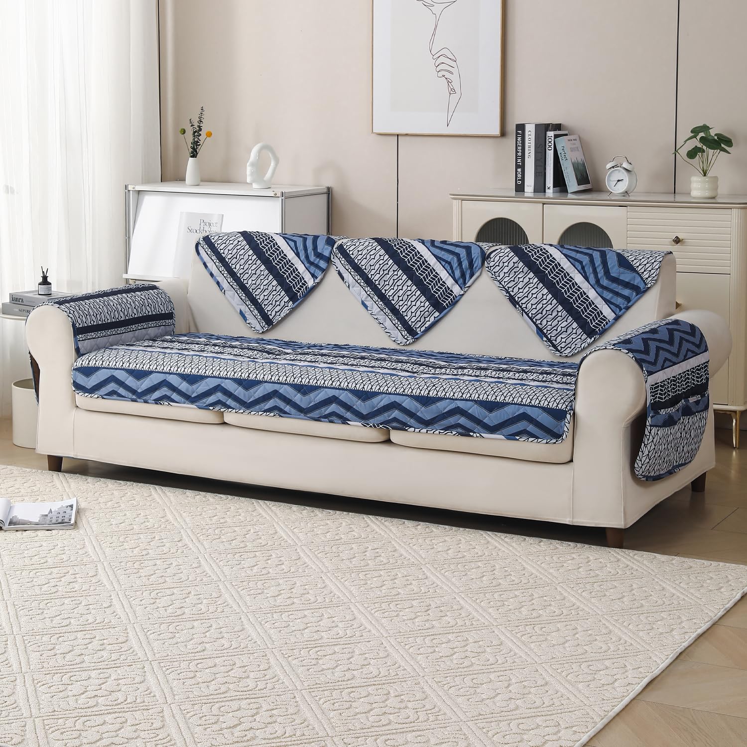'Aura Petal Series' Quilted Sofa Mat Printed – Anti Slip (Boho Navy)