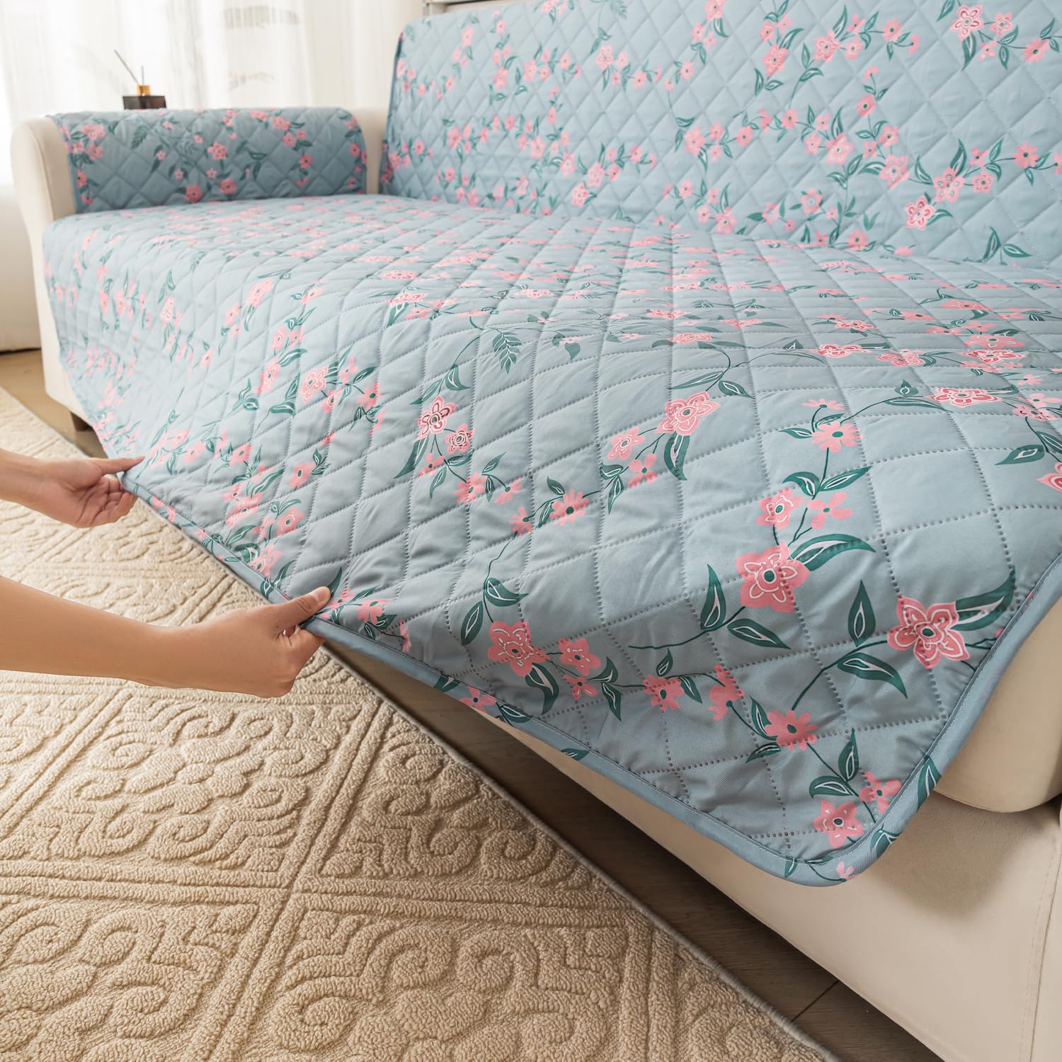 Gulnaar Series Anti-Slip Sofa Cover Mat with Pocket – Polyester Couch Protector(Pastel Bloom)