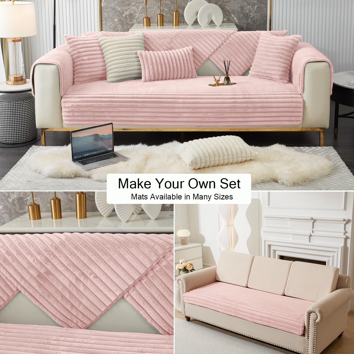 3D Striped Rabbit Plush Soft Sofa Mat Anti-Slip Fuzzy Plush- Pink