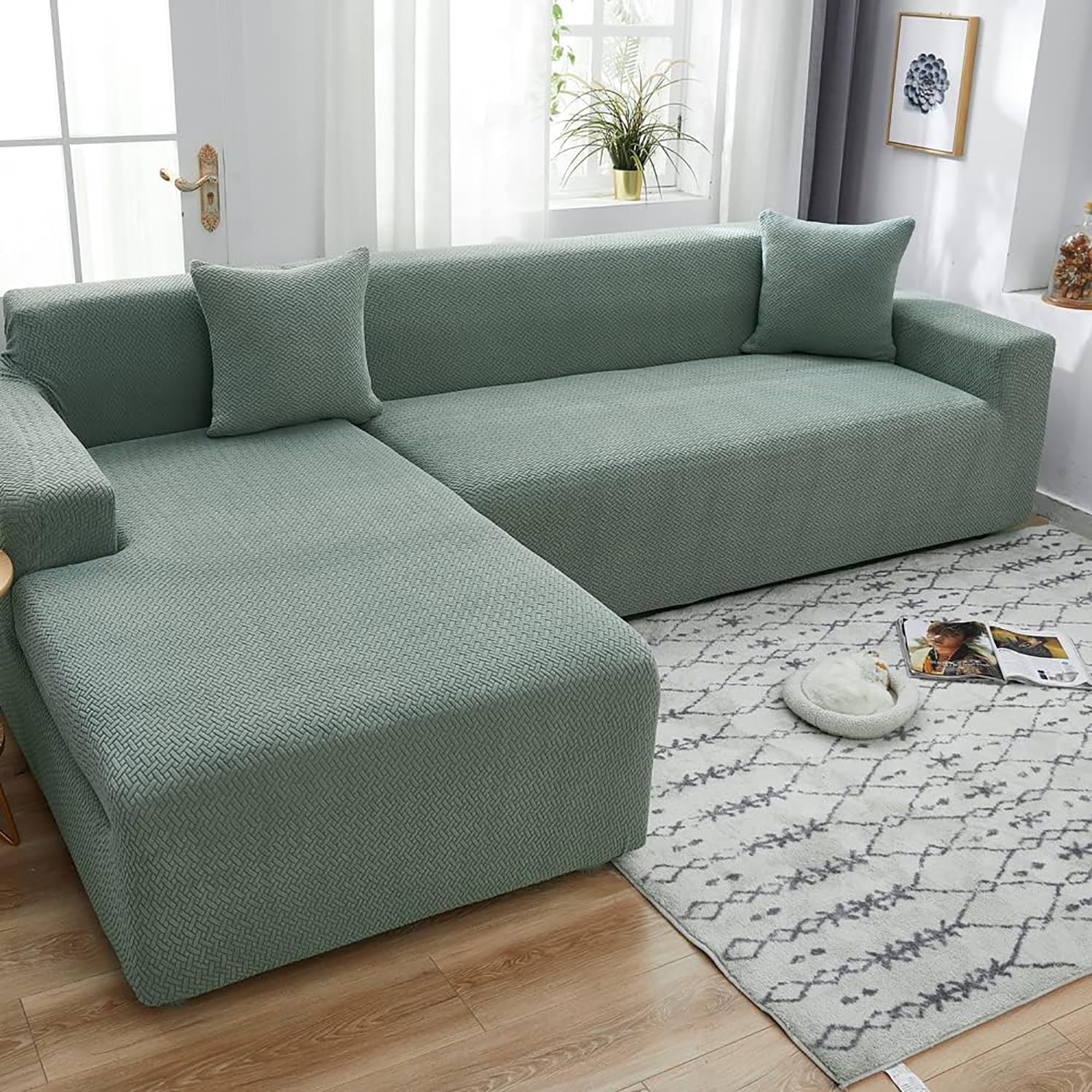 Universal Sectional Sofa Covers L - Shape 220 GSM (Pastel Green)