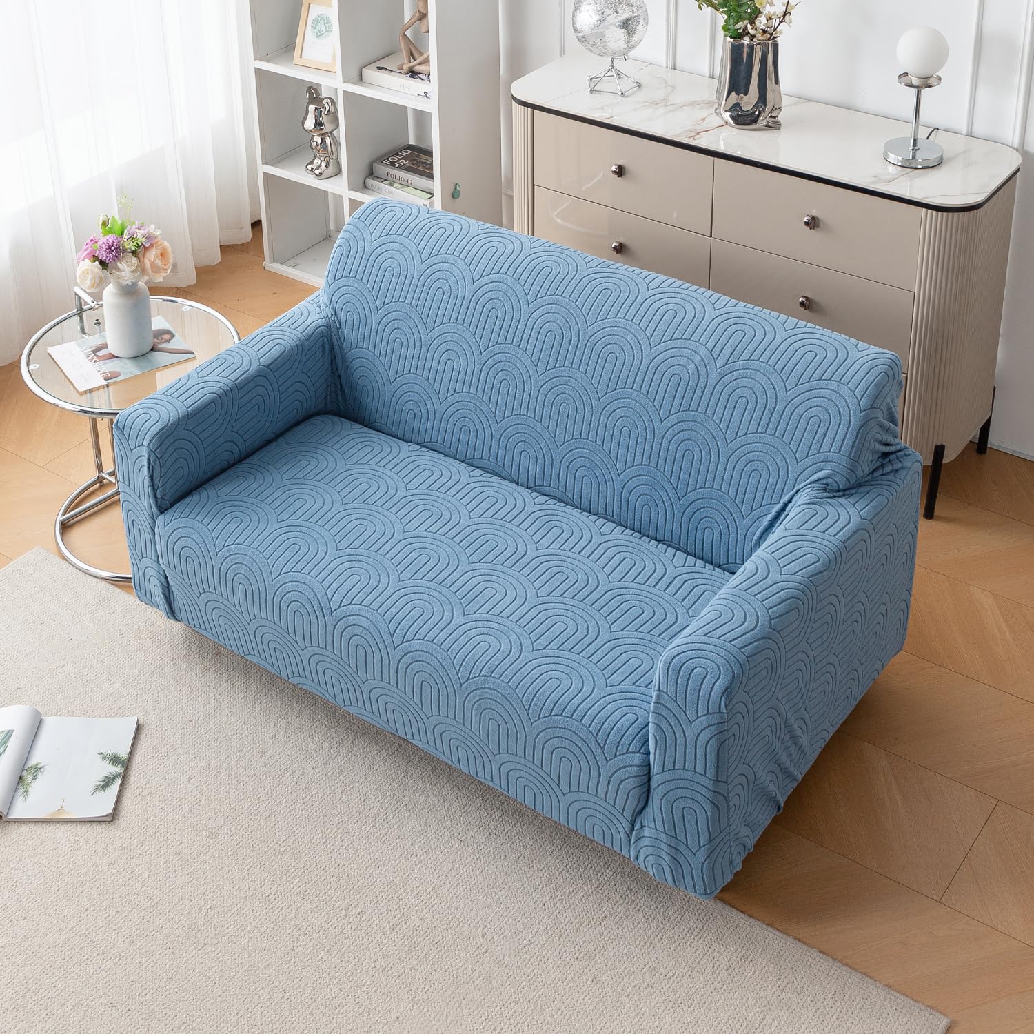 Premium Jacquard Fabric 220 GSM Sofa Cover – Soft, Stretchable (Light Blue)