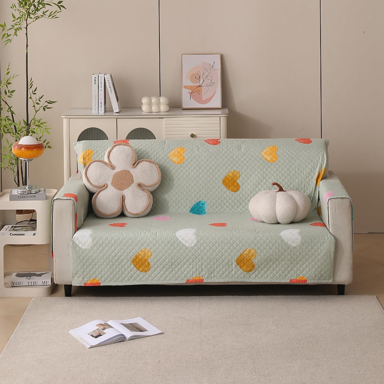 Polyester Sofa Cover Mat Reversible Couch Protector-Minty Hearts