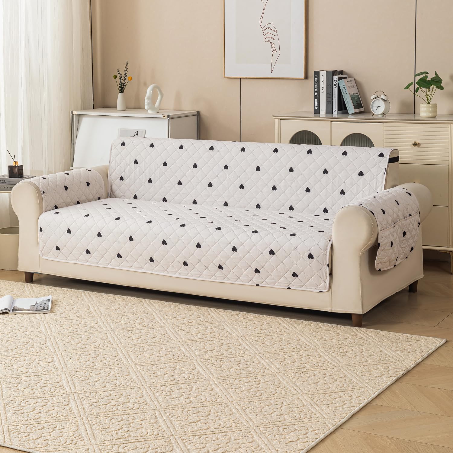 Gulnaar Series Anti-Slip Sofa Cover Mat with Pocket – Polyester Couch Protector(Mocha Mist)